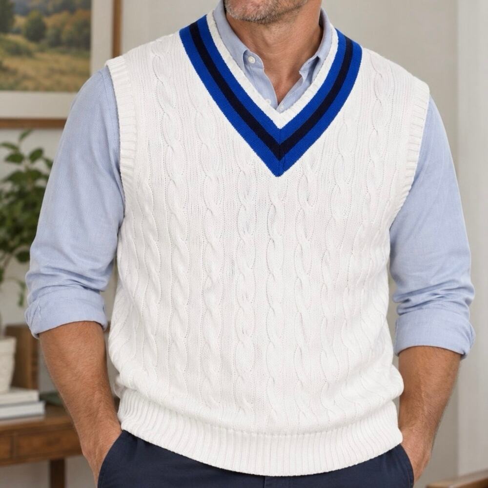 Polo Ralph Lauren Cricket Sweater Cable Knit Classic Preppy Blue Stripe Vest M
